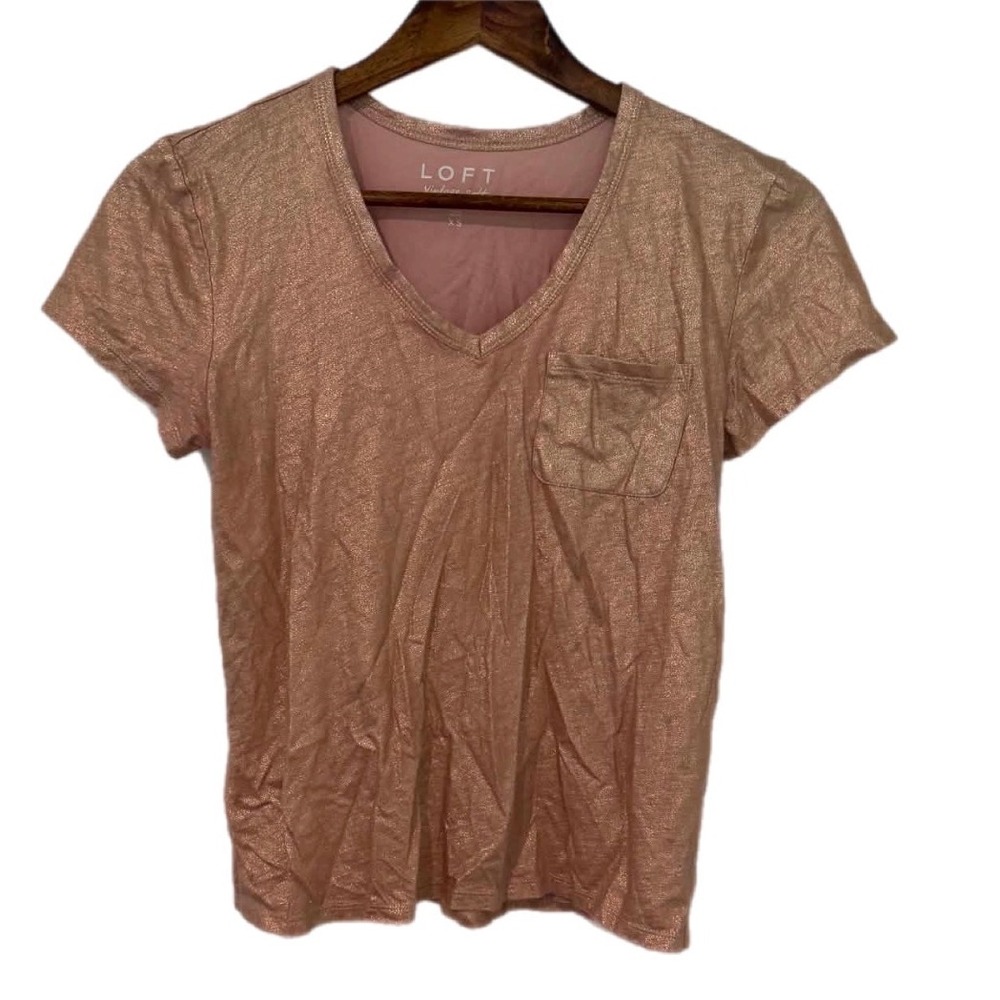 Loft T-Shirt Women‎ XS Rose Gold Excellent Metallic V-Neck Pocket Vintage Soft